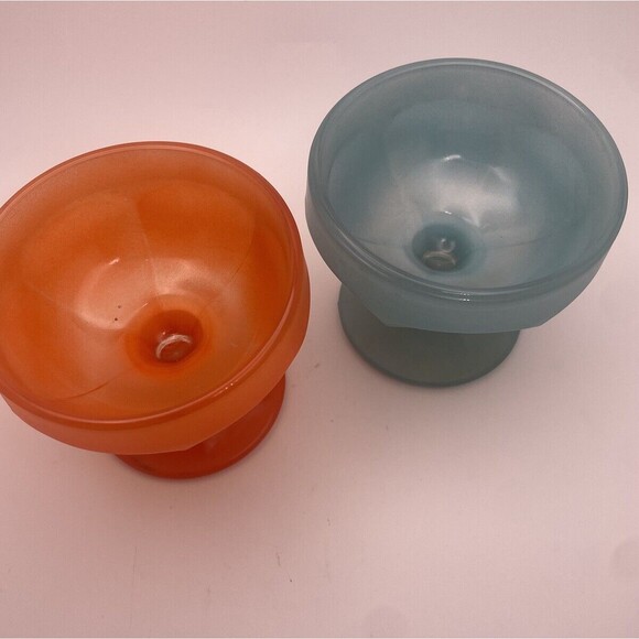 VTG Federal Glass Frosted Orange Glass Blue Dessert Pedestal Dishes MCM Set of 2 - Picture 4 of 8